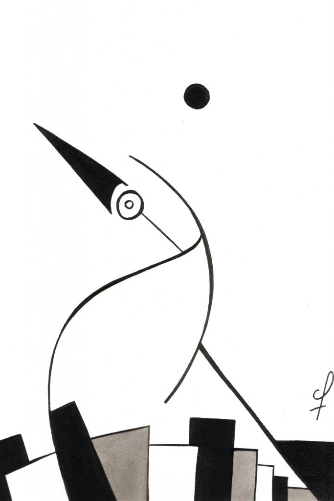 One day, One drawing - Day 016 : Birds in tension - Ink drawing by Olivier Cornil