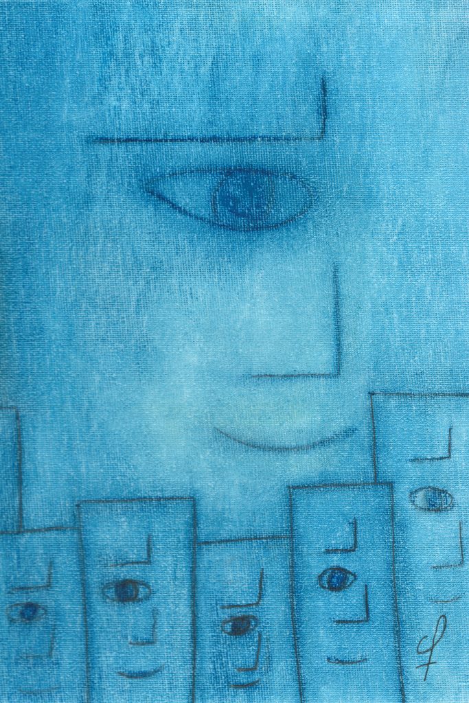 One day, One drawing - Day 045 : Great architect in reflection - Oil pastel on cardboard by Olivier Cornil