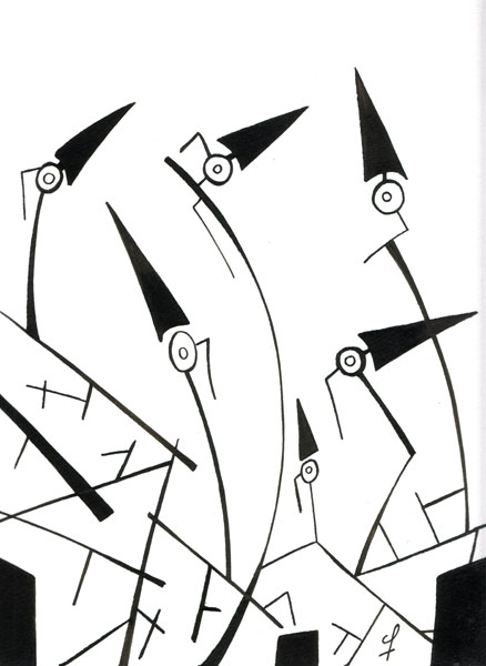 One day, One drawing - Day 091 - Neo bird organisation - Ink drawing by Olivier Cornil