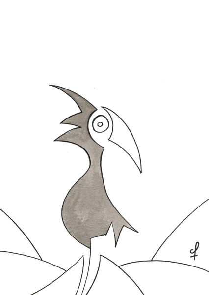 One day, One drawing - Day 092 - Neo bird in reflection - Ink drawing by Olivier Cornil