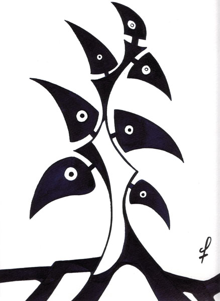 One day, One drawing - Day 100 - Our ancestors the birds - Ink drawing by Olivier Cornil