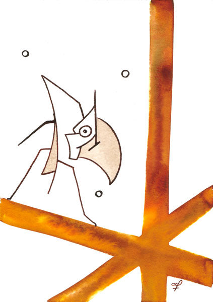 One day, One drawing - Day 111 - Neo bird en introspection - Ink drawing by Olivier Cornil