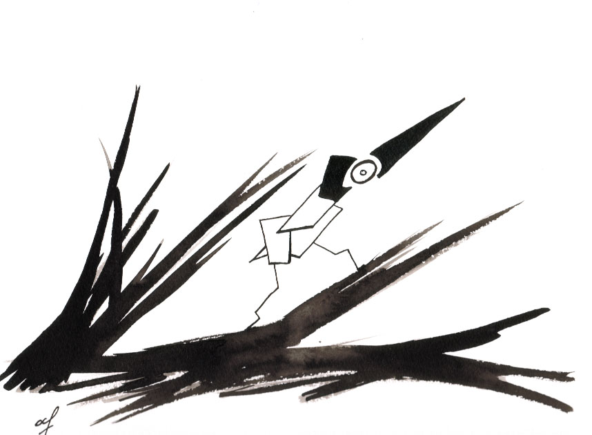 One day, One drawing - Day 112 - Neo bird caught up in speed - Ink drawing by Olivier Cornil