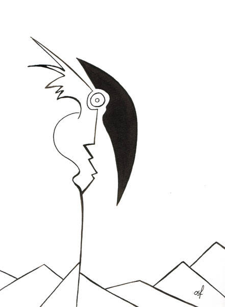 One day, One drawing - Day 118 - Neo bird running out of ideas - Ink drawing by Olivier Cornil
