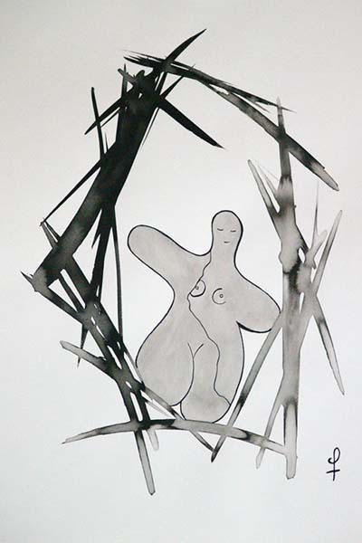 One day, One drawing - Day 242 - Woman moon split in two - Ink drawing by Olivier Cornil